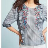 Anthropologie Tops | Anthro One September Striped Embroidered Blouse S | Color: Blue/Red | Size: S