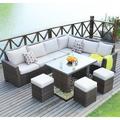 Hokku Designs Aoife-Marie 8 Piece Rattan Sectional Seating Group w/ Cushions Synthetic Wicker/All - Weather Wicker/Wicker/Rattan in Brown | Outdoor Furniture | Wayfair