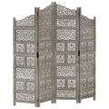 vidaXL Hand carved 4-Panel Room Divider Grey 160x165 cm Solid Mango Wood