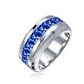 Unisex Simulated Blue Sapphire Channel Set Cubic Zirconia AAA CZ Brilliant Princess Cut Wedding Band For Men Women .925 Sterling Silver 9MM Band Ring