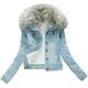 YM YOUMU Women Faux Fur Fleece Denim Short Jacket Thicken Jean Sherpa Coat (Light Blue-Grey Collar, Large (Asian Size))