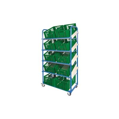 BRB Schrägboden-Regalwagen mit 5 Ebenen, BxTxH 1050x500x1880 mm, 2 Lenk- (mit Feststellbremse) u. 2 Bockrollen mit 10 Euroboxen BxTxH 600x400x240 mm Image