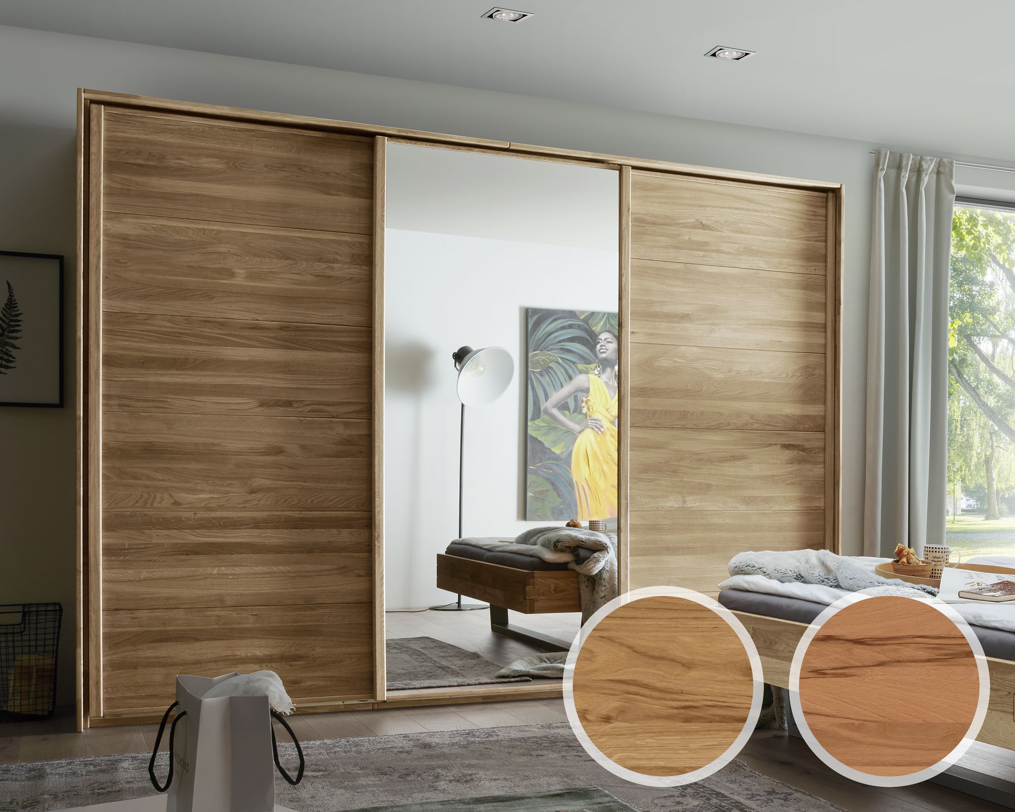 Forestales »Woodside« Schwebetürenschrank 3-türig Holz/Spiegel/Holz / Kernbuche