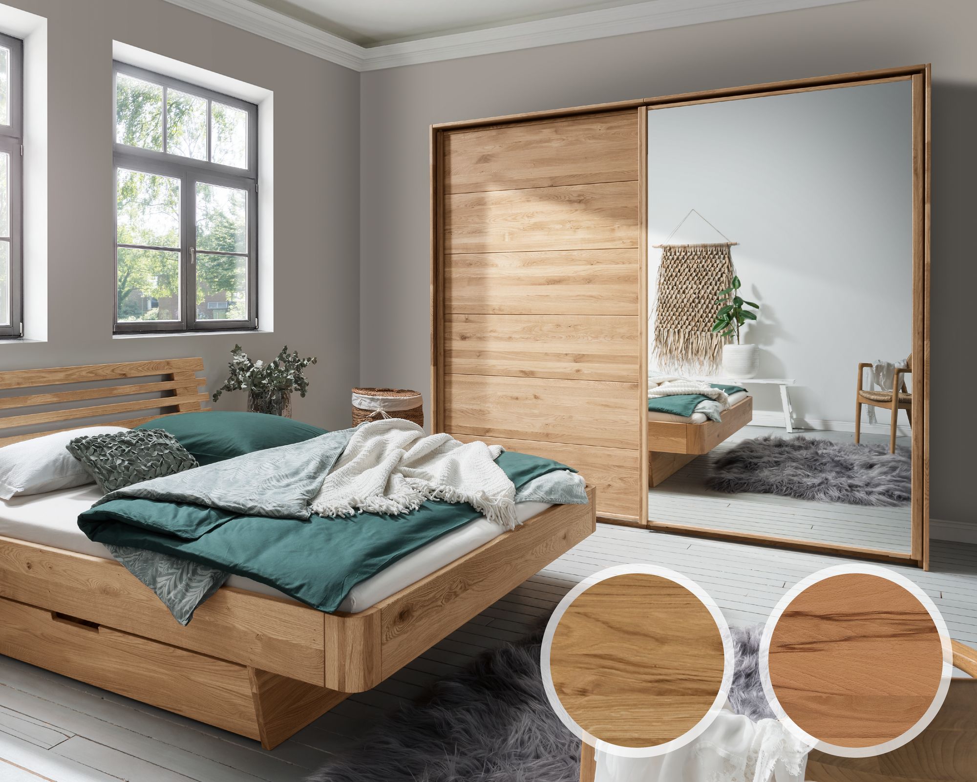 Forestales »Woodside« Schwebetürenschrank 2-türig Holz/Spiegel / 180 cm / Kernbuche