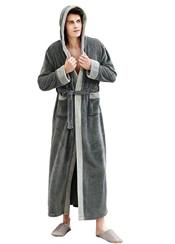 LOFIR Mens Hooded Dressing Gown Winter Warm Fleece Flannel Bathrobe Soft Long Night Gown Fluffy Sleepwear Boys Lightweight Nightwear Spa Robe