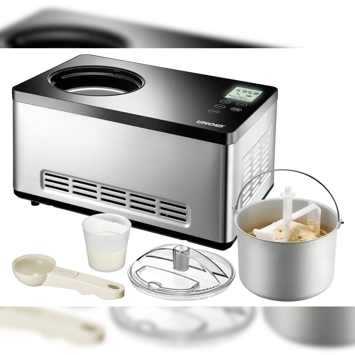 Unold Eismaschine Gusto 48845, Edelstahl, 42.5 x 28.5 x 26.2 cm, 2 L, 180 W, mit Deckelöffnung, silber / schwarz Image