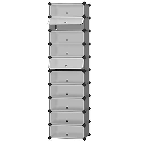 SONGMICS 10-Tier Shoe Rack,Plastic Cube Storage Organizer Units, DIY Modular Closet Cabinet with Doors, Includes Rubber Mallet and Anti-Tipping Device, Gray ULPC010G01