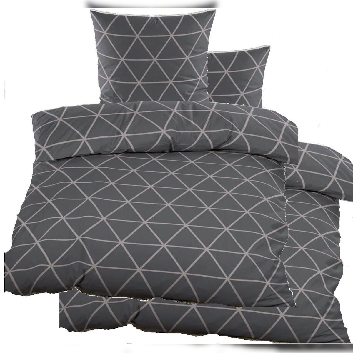 KH-Haushaltshandel 4-TLG. Biber Winter Bettwäsche 2X (135 x 200 + 80x80 cm), grau Silber, Dreiecke, Baumwoll Mischgewebe Image