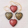 The Holiday Aisle® Traditional Hearts Batik Wood 4 Piece Hanging Figurine Ornament Set Wood in Brown/Red | 3.9 H x 3.5 W x 1.2 D in | Wayfair