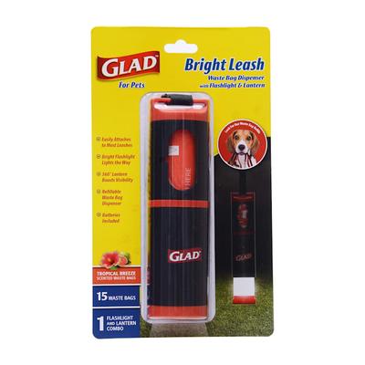 GLAD for Pets Bright Leash Waste Bag Dispenser with Flashlight & Lantern, Count of 15