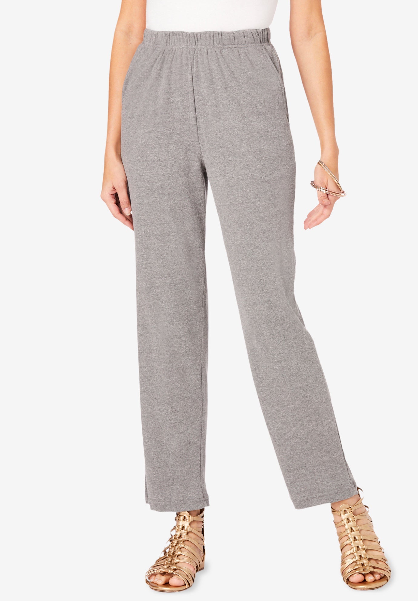 Plus Size Women's Plus Size Straight Leg Soft Knit Pull On Pant by Roaman's in Medium Heather Grey (Size 6X) Pull On Elastic Waist