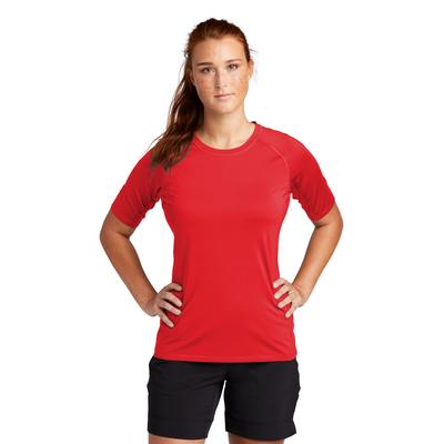 Sport-Tek LST470 Athletic Women's Rashguard Top in True Red size Large | Polyester/Spandex Blend