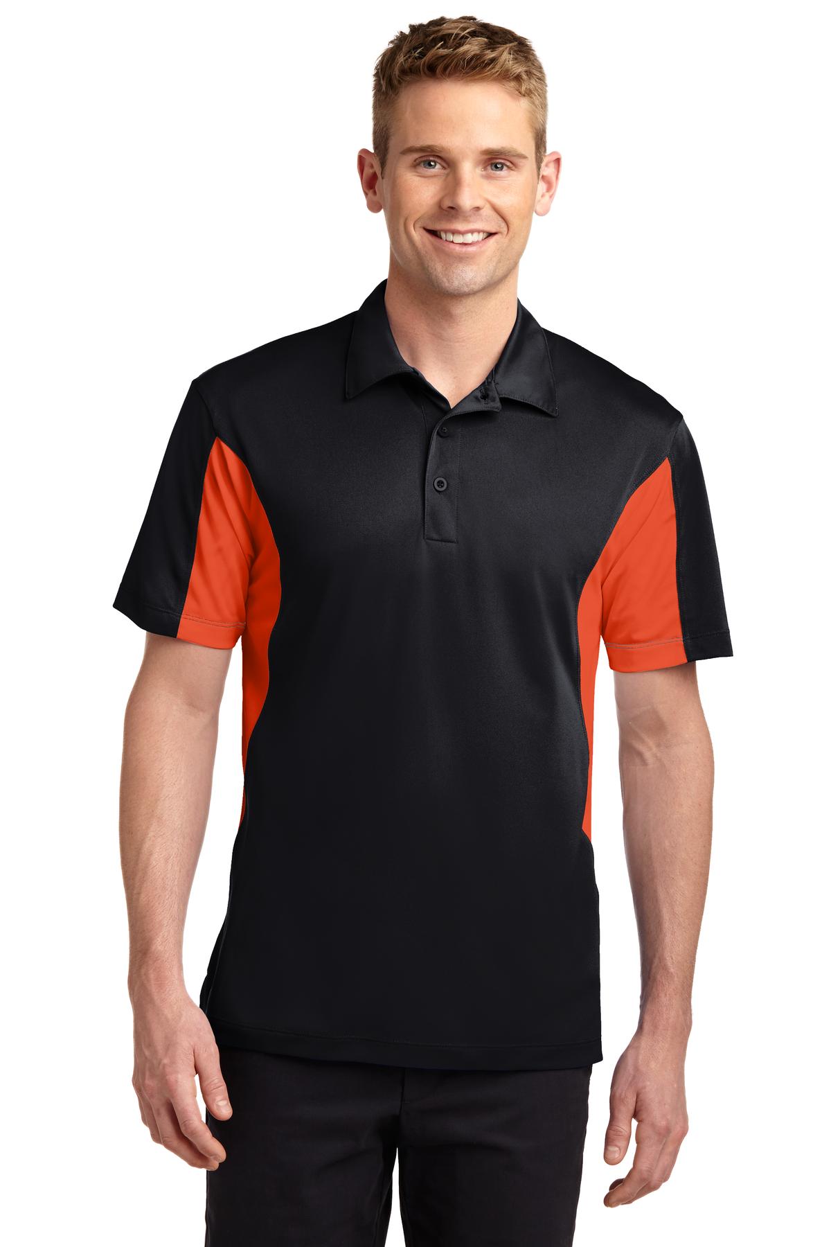 Sport-Tek ST655 Side Blocked Micropique Sport-Wick Polo Shirt in Black/Deep Orange size Small | Polyester