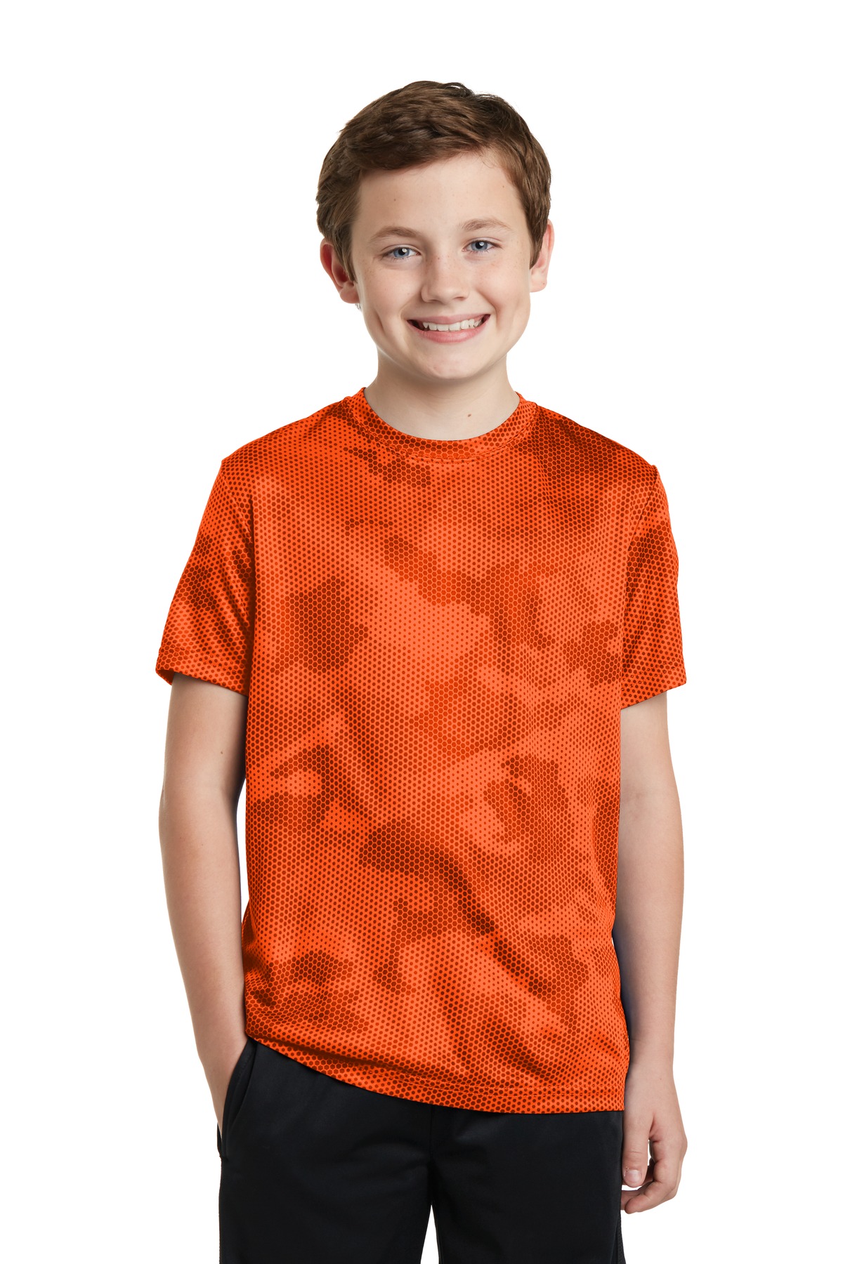 Sport-Tek YST370 Youth CamoHex Top in Neon Orange size Large | Polyester