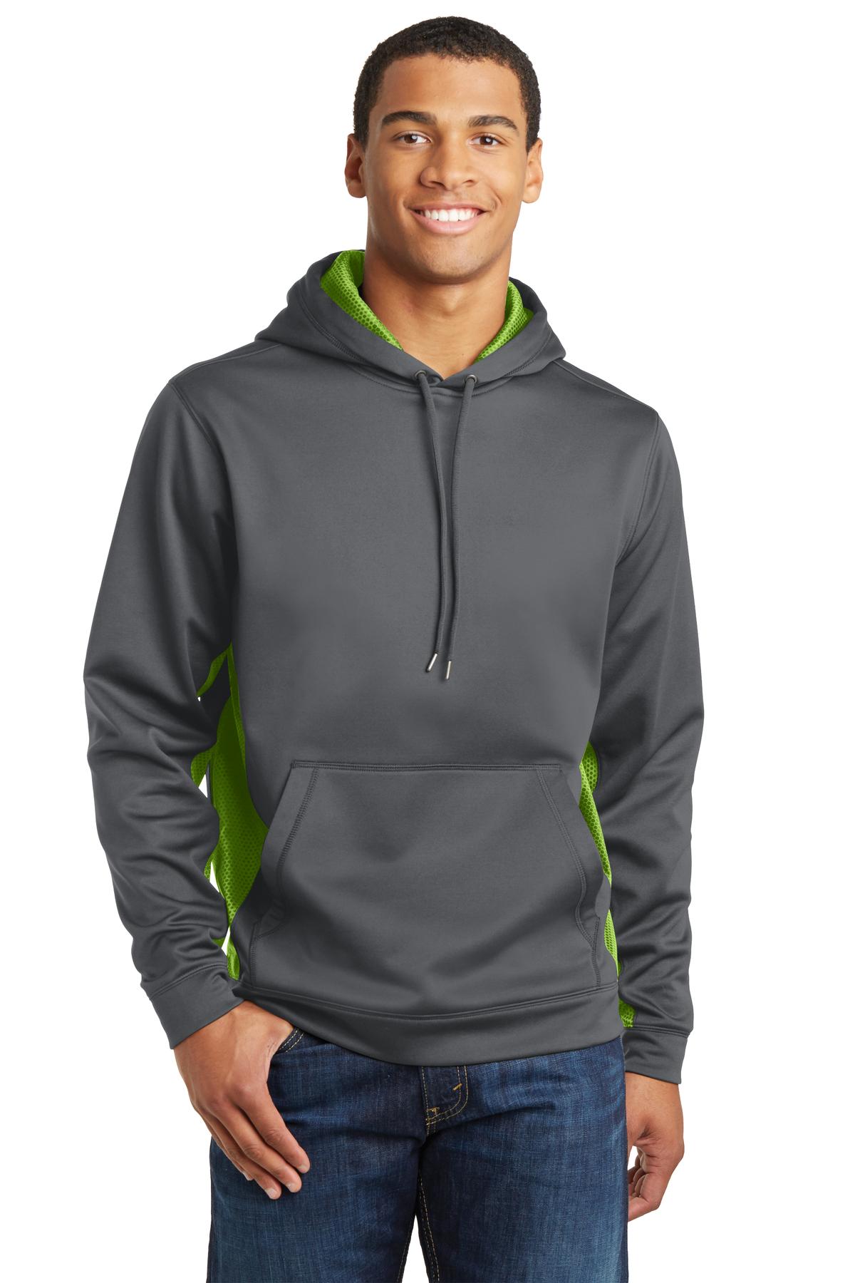 Sport-Tek ST239 Sport-Wick CamoHex Fleece Colorblock Hooded Pullover T-Shirt in Dark Smoke Gray/Lime Shock size Medium | Polyester