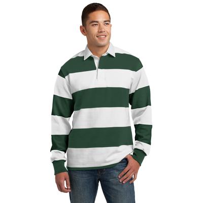 Sport-Tek ST301 Classic Long Sleeve Rugby Polo Shirt in Forest Green/White size 2XL | Cotton