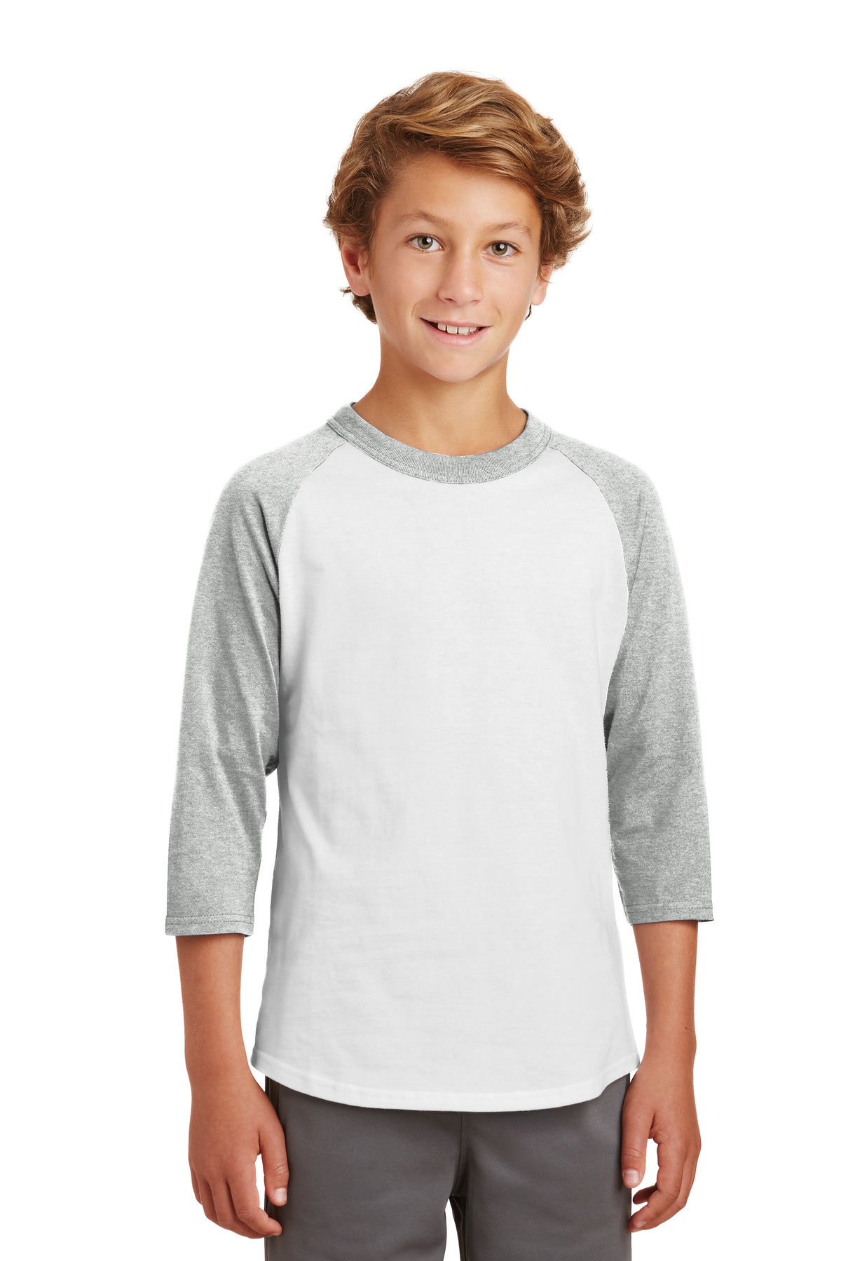 Sport-Tek YT200 Youth Colorblock Raglan Jersey T-Shirt in White/Heather Grey size Large | Cotton