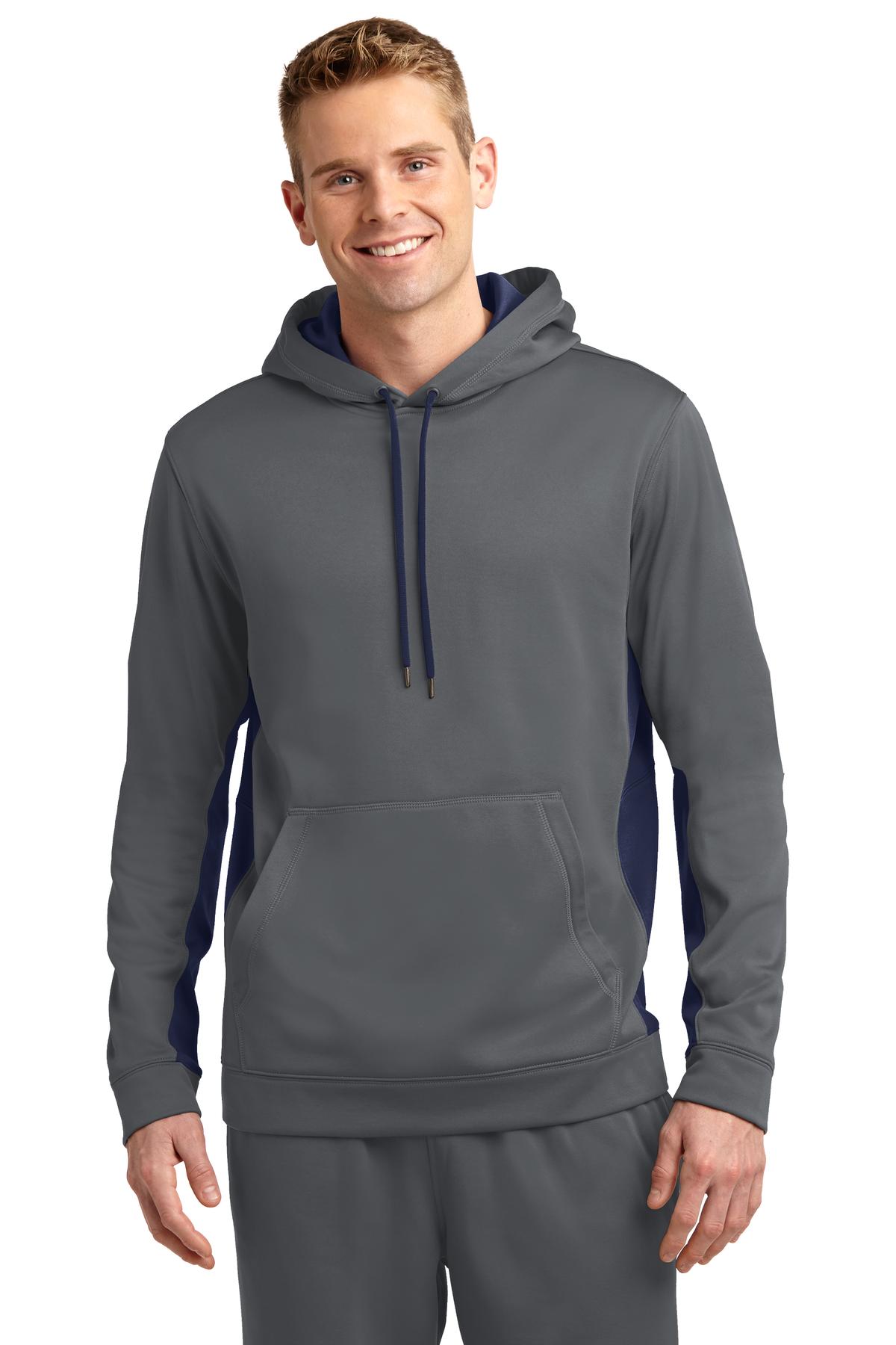 Sport-Tek ST235 Sport-Wick Fleece Colorblock Hooded Pullover T-Shirt in Dark Smoke Gray/Navy Blue size XL | Polyester