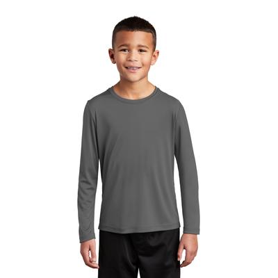 Sport-Tek YST420LS Youth Posi-UV Pro Long Sleeve Top in Dark Smoke Grey size Small | Polyester