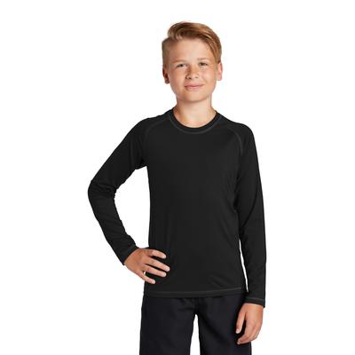 Sport-Tek YST470LS Athletic Youth Long Sleeve Rashguard Top in Black size XS | Polyester/Spandex Blend