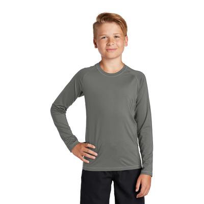 Sport-Tek YST470LS Athletic Youth Long Sleeve Rashguard Top in Dark Smoke Grey size Medium | Polyester/Spandex Blend