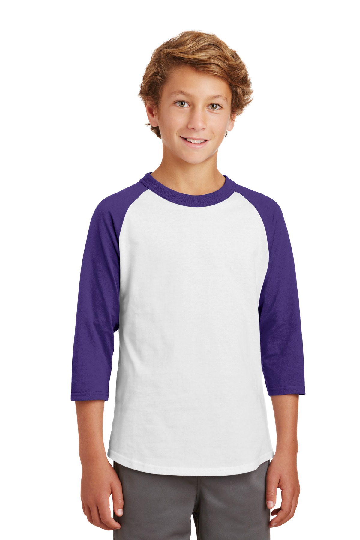 Sport-Tek YT200 Youth Colorblock Raglan Jersey T-Shirt in White/Purple size Small | Cotton