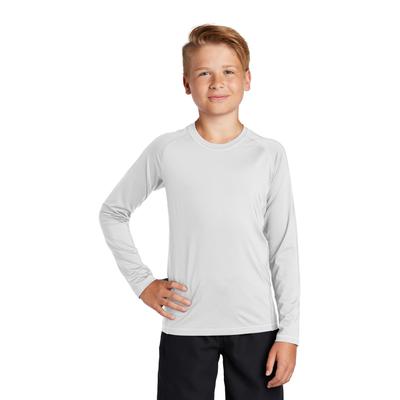 Sport-Tek YST470LS Athletic Youth Long Sleeve Rashguard Top in White size Medium | Polyester/Spandex Blend