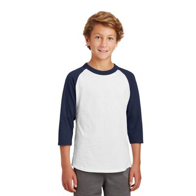 Sport-Tek YT200 Youth Colorblock Raglan Jersey T-Shirt in White/Navy Blue size XL | Cotton