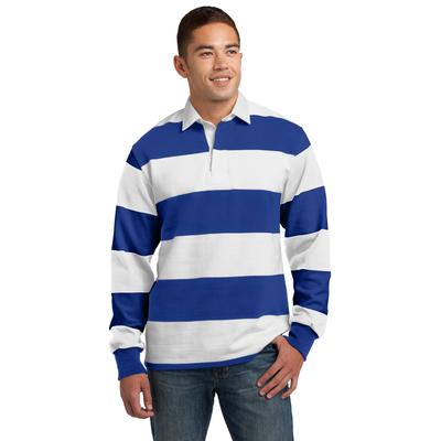 Sport-Tek ST301 Classic Long Sleeve Rugby Polo Shirt in True Royal/White size Large | Cotton