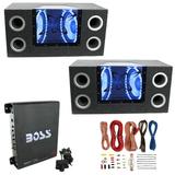 Pyramid 10 Box Subwoofers (2 Pack) Boss Riot Amplifier & Soundstorm Wire Kit