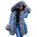 Aox Women Winter Denim Coat Thicken Lined Faux Fur Hood Jacket Warm Sherpa Fur Overcoat Plus Size Jean Outerwear (10, Blue 2035)