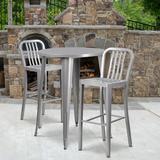Flash Furniture Commercial Grade 30 Round Silver Metal Indoor-Outdoor Bar Table Set with 2 Vertical Slat Back Stools