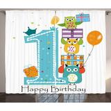 1st Birthday Curtains 2 Panels Set First Cake with Candle Owls Family with Box Party Theme Print Window Drapes for Living Room Bedroom 108W X 96L Inches Sky Blue Orange and Green by Ambesonne