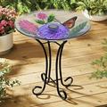 SOLAR LED FLORAL GLASS BUTTERFLY BIRD BATH WITH STAND