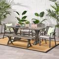 Noble House Amaris Outdoor Modern 6 Seater Aluminum Dining Set with Dining Bench Dark Gray and Silver