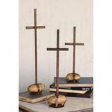 Kalalou A4531 21 in. Scrap Metal Crosses with Caged Rock Bases - Set of 3