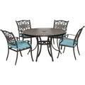 Hanover Traditions 5-Piece Rust-Free Aluminum Outdoor Patio Dining Set with Blue Cushions 4 Dining Chairs and Aluminum Round Dining Table TRADDN5PC-BLU