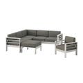 Gannon Outdoor 5 Piece Aluminum V-Shaped Sectional Sofa Set with Ottoman Silver and Khaki