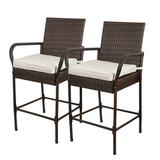 Bar Stools 30 Bar Height Outdoor Modern Seat with Beige Cushions Set of 2 Chairs Brown Wicker