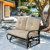 Patiojoy Steel Frame Rocking Loveseat Outdoor Patio Cushioned Chaise Bench Beige