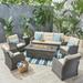 Aydin Outdoor 7 Piece Wicker Chat Set with Cushions and Fire Pit Gray Beige Gray