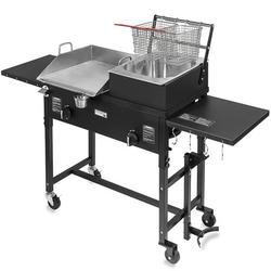 Barton 58 000 BTU Outdoor Gas Propane Double Burner Stove Cook Station Flat Top Griddle & Deep Fryer BBQ Grill Camp Side Table