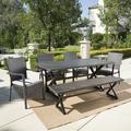 Adan Outdoor 6 Piece Aluminum Dining Set with Bench and Wicker Dining Chairs with Cushions Grey Black