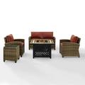 Crosley Furniture Bradenton 5Pc Patio Fabric Fire Pit Sofa Set in Brown/Red