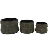 DecMode Brass Metal Rustic Round Planter Set of 3 16 13 11 W Multi-Color Highlights Textured Lines and Side Arched Handles with Organic Character