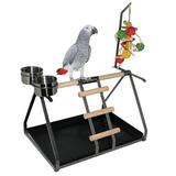 Parrot Bird Perch Table Top Stand Metal Wood 2 Steel Cups Play Medium Large Breeds