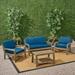 Wilcox Outdoor 4 Piece Acacia Wood Conversation Set with Cushions Gray Dark Teal