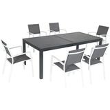 Hanover Naples 7-Piece Outdoor Dining Set w/ 6 Sling Chairs in Gray/White and 40 x 118 Expandable Dining Table