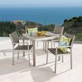 Gannon Outdoor 5 Piece Anodized Aluminum Dining Set with Tempered Glass Table Top and Wicker Seats Silver Gray