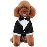 Kuoser Dog Shirt Puppy Pet Small Dog Clothes Stylish Suit Bow Tie Costume Wedding Shirt Formal Tuxedo with Black Tie Dog Prince Wedding Bow Tie Suit L(Back:11.41 Chest:14.56 Neck:9.84 ) Black L(Chest-14.56 Weight: b)